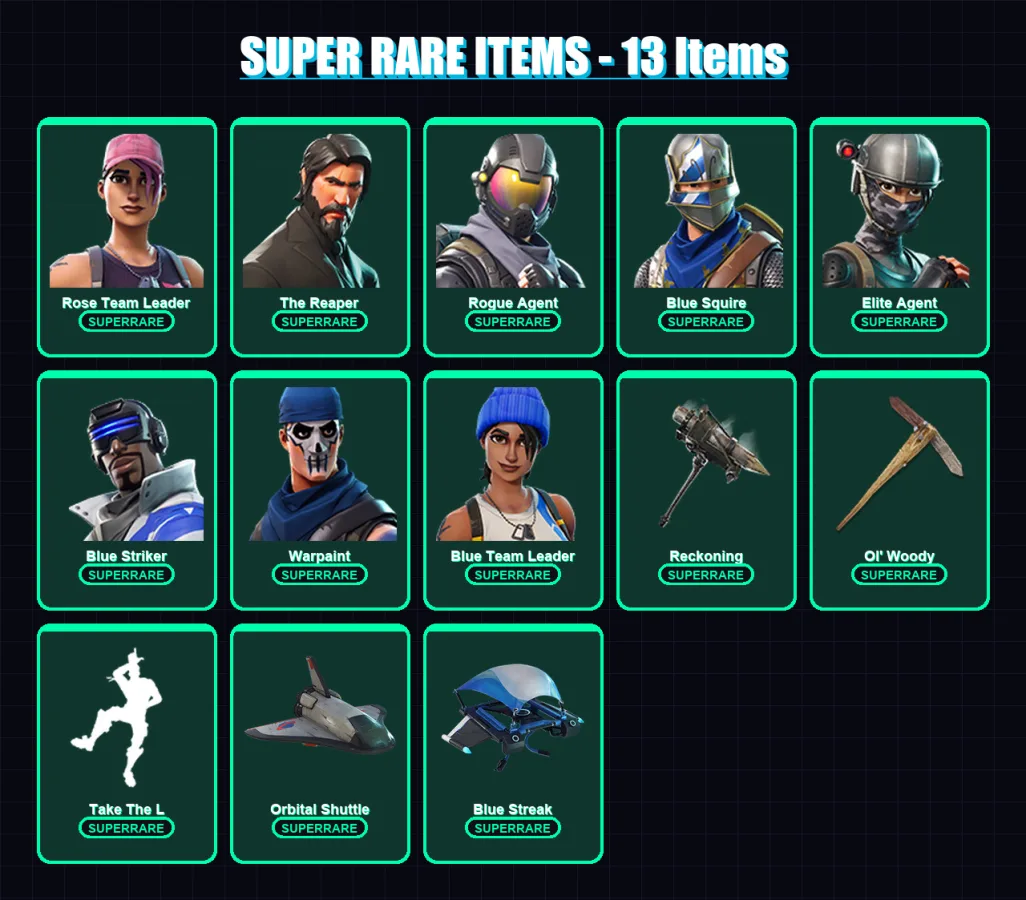[PS4/PS5/XBOX/PC] | Rose Team Leader | The Reaper | Rogue Agent | Blue Squire | Elite Agent | 41 skin | 25 pickaxe | 47 emote | 30 glider | Lv214