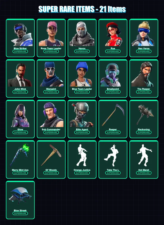 [PS4/PS5/XBOX/PC] | Blue Striker | Rose Team Leader | Havoc | Rue | Neo Versa | 249 skin | 203 pickaxe | 239 emote | 156 glider | Lv2476