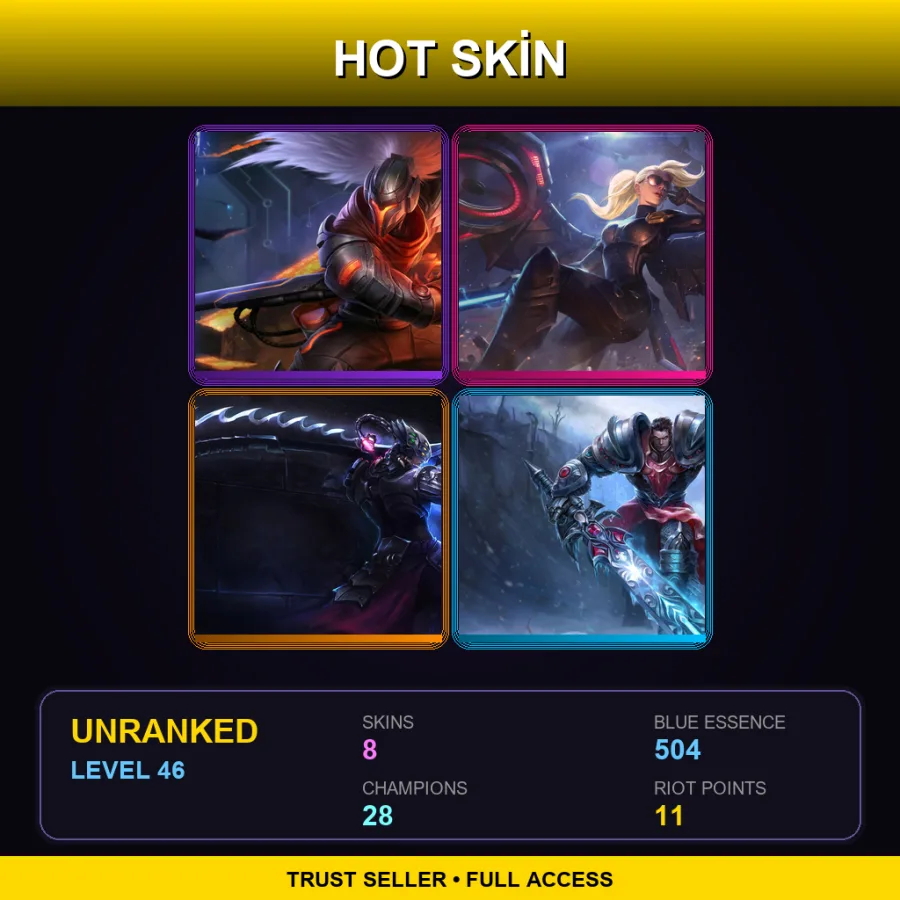 TR | PROJECT: Yasuo | Riot Kayle | Headhunter Master Yi | Dreadknight Garen | 8 Skin | 28 Champ | Lv46