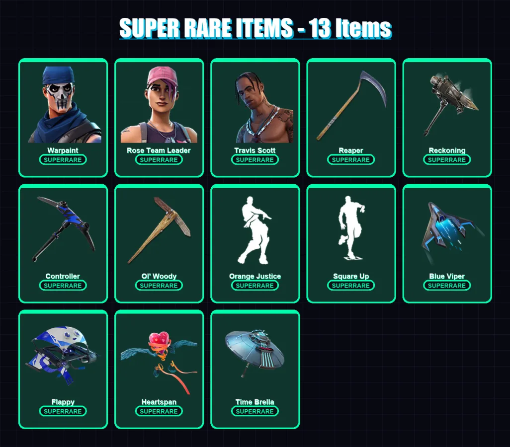 [PS4/PS5/XBOX/PC] | Warpaint | Rose Team Leader | Travis Scott | The Visitor | The Ice King | 136 skin | 151 pickaxe | 150 emote | 145 glider | Lv19