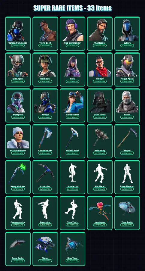 [PC/XBOX] | Carbon Commando | Travis Scott | Sub Commander | The Reaper | Sultura | 397 skin | 367 pickaxe | 287 emote | 252 glider | Lv4514