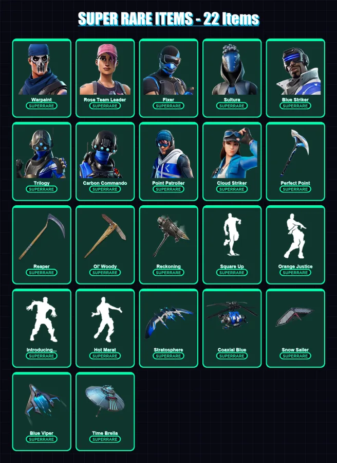 [PS4/PS5/XBOX/PC] | Warpaint | Rose Team Leader | Fixer | Sultura | Blue Striker | 174 skin | 163 pickaxe | 172 emote | 168 glider | Lv2010