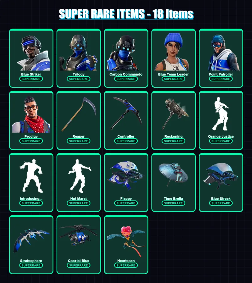 [PC/XBOX] | Blue Striker | Trilogy | Carbon Commando | Blue Team Leader | Point Patroller | 78 skin | 70 pickaxe | 81 emote | 85 glider | Lv1205