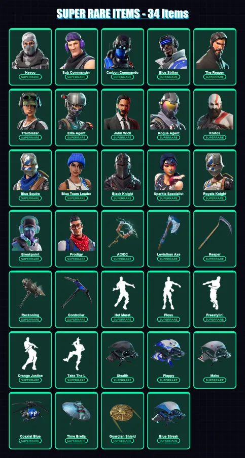 [PS4/PS5/XBOX/PC] | Havoc | Sub Commander | Carbon Commando | Blue Striker | The Reaper | 188 skin | 143 pickaxe | 112 emote | 97 glider | Lv1062