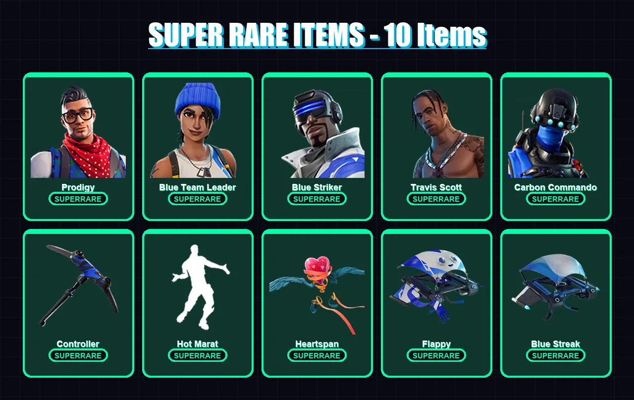 [PC/XBOX/PSN] | Prodigy | Blue Team Leader | Blue Striker | Travis Scott | Carbon Commando | 77 skin | 85 pickaxe | 76 emote | 91 glider | Lv1544
