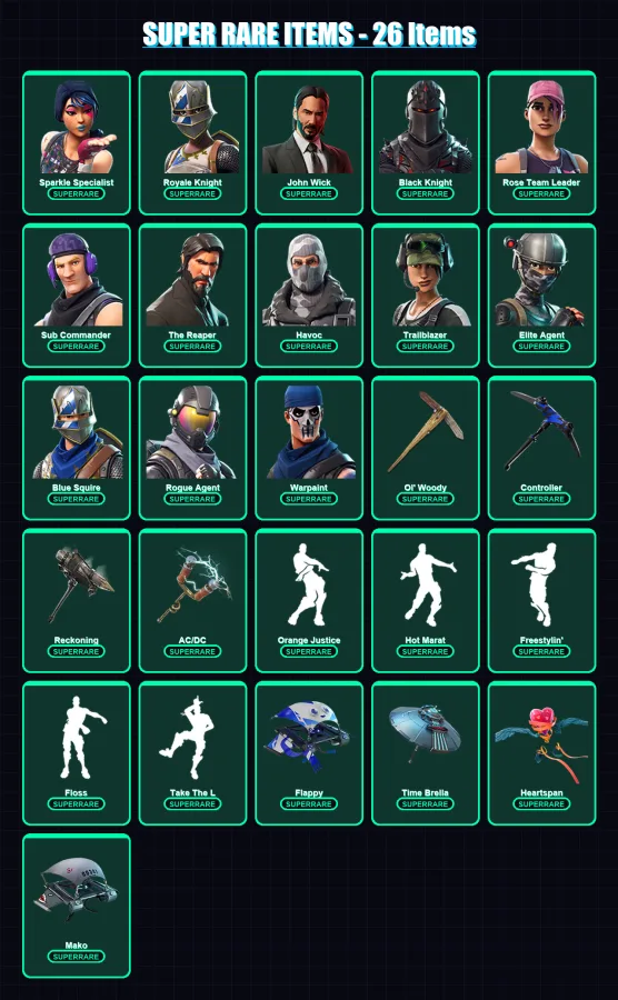 [PC] | Sparkle Specialist | Royale Knight | John Wick | Black Knight | Rose Team Leader | 351 skin | 332 pickaxe | 355 emote | 258 glider | Lv2845
