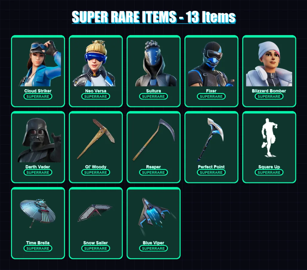 [PS4/PS5/XBOX/PC] | Cloud Striker | Neo Versa | Sultura | Fixer | Blizzard Bomber | 101 skin | 118 pickaxe | 92 emote | 106 glider | Lv2384