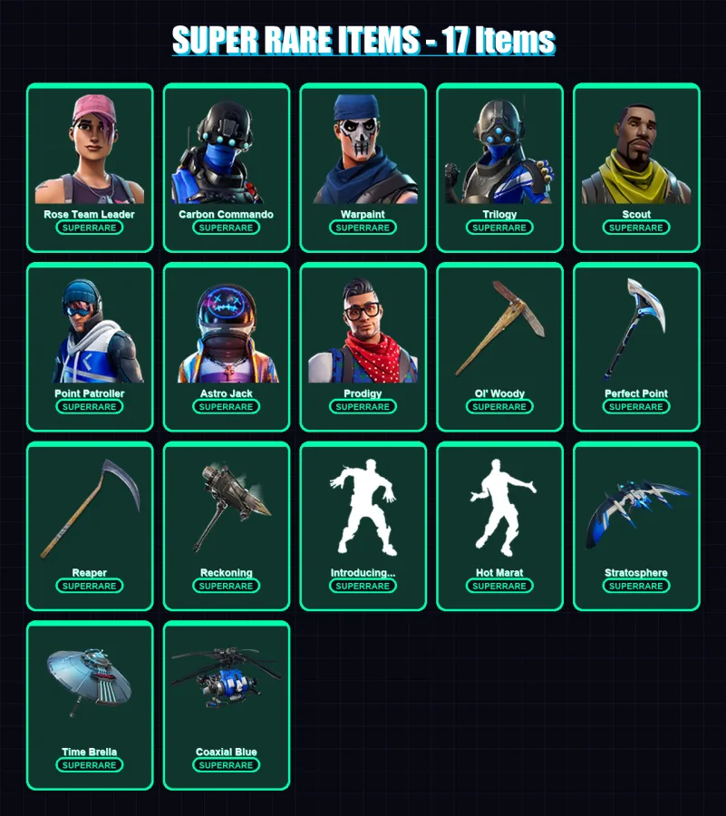 [PS4/PS5/XBOX/PC] | Rose Team Leader | Carbon Commando | Warpaint | Trilogy | Scout | 112 skin | 148 pickaxe | 143 emote | 131 glider | Lv2331