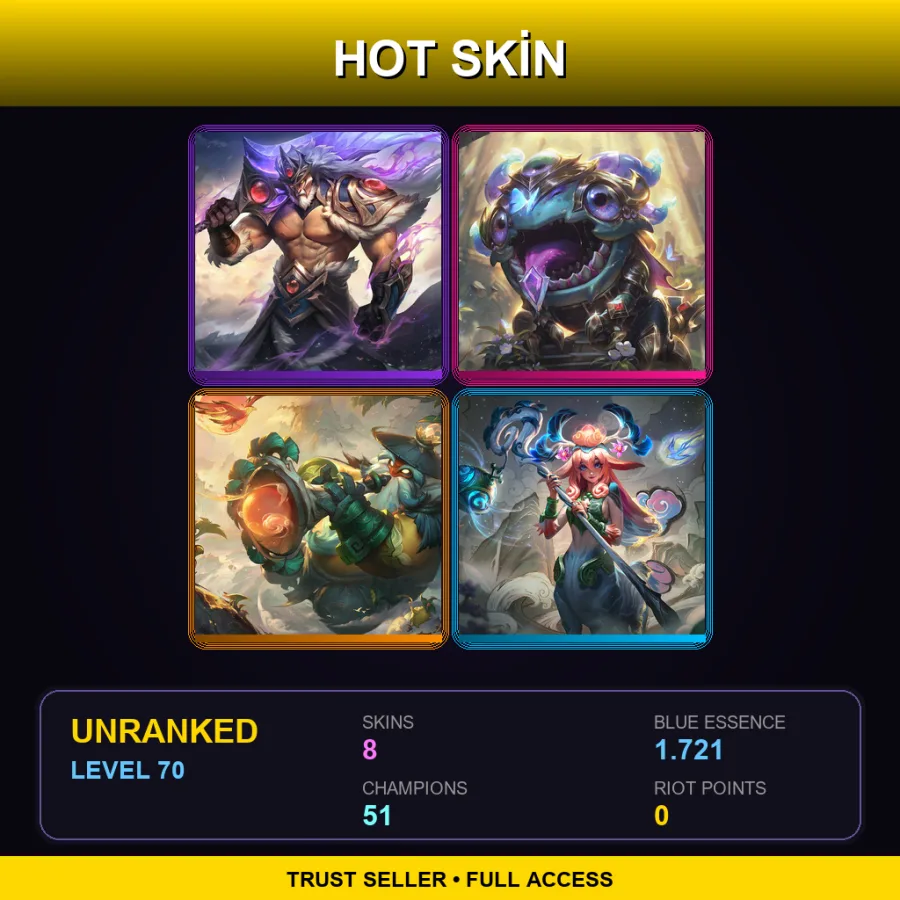 SG | Lv70 | Unranked | 8 Skin | 51 Champ — LoL account