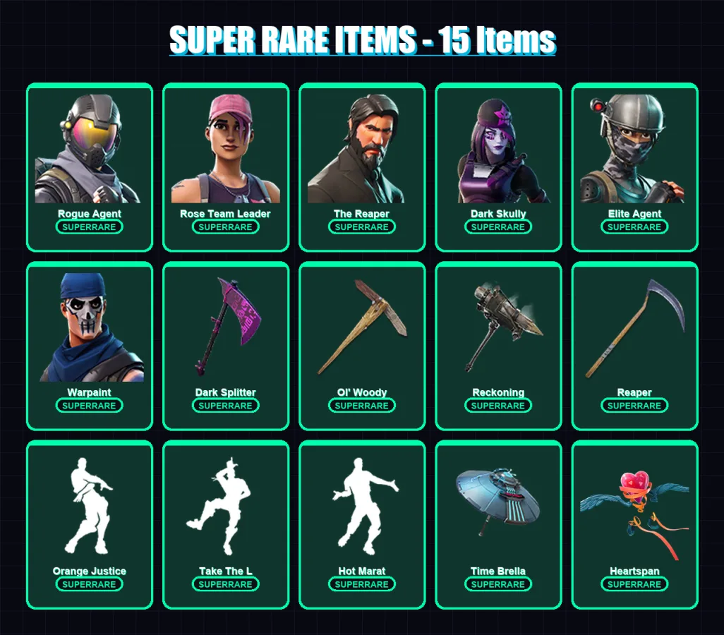[PC/XBOX/PSN] | Rogue Agent | Rose Team Leader | The Reaper | Dark Skully | Elite Agent | 109 skin | 113 pickaxe | 88 emote | 107 glider | Lv1592