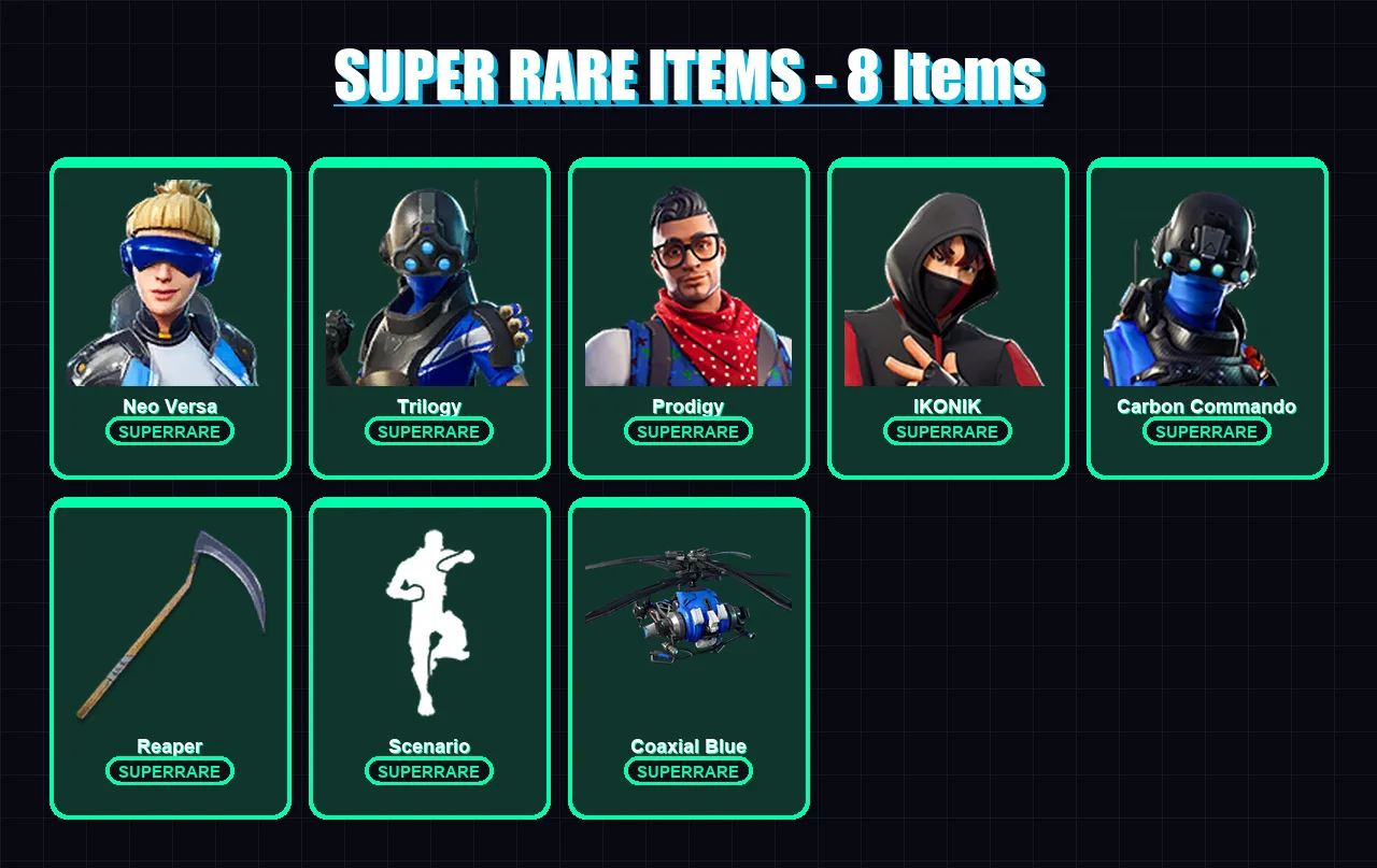 [PS4/PS5/XBOX/PC] | Neo Versa | Trilogy | Prodigy | IKONIK | Carbon Commando | 43 skin | 28 pickaxe | 56 emote | 27 glider | Lv238