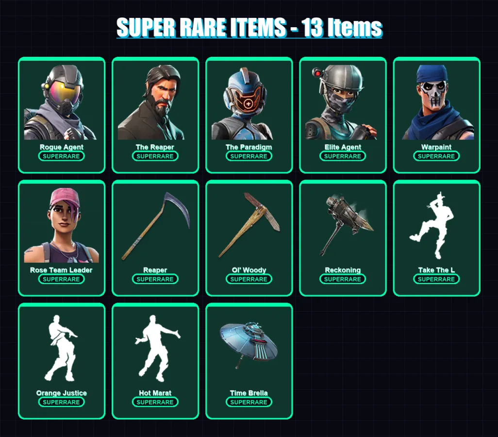 [PS4/PS5/PC] | Rogue Agent | The Reaper | The Paradigm | Elite Agent | Warpaint | 105 skin | 116 pickaxe | 105 emote | 117 glider | Lv1596