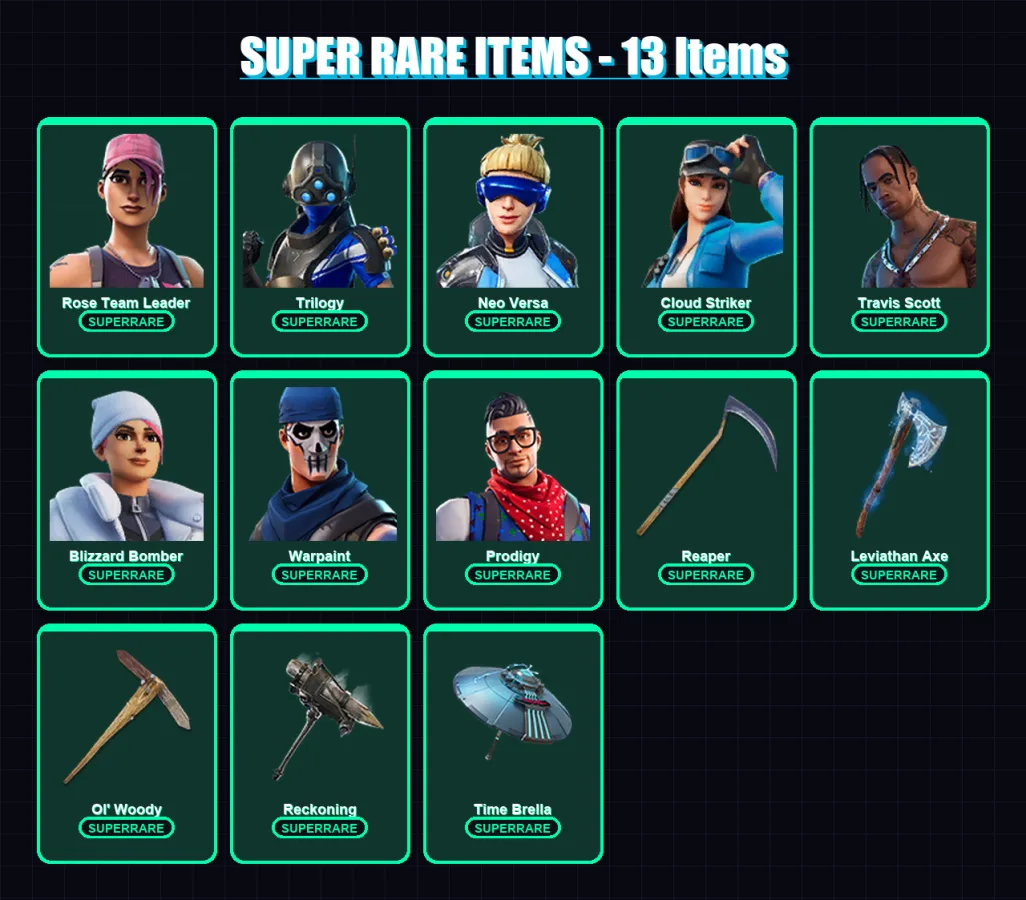 [PS4/PS5/XBOX/PC] | Rose Team Leader | Trilogy | Neo Versa | Cloud Striker | Travis Scott | 176 skin | 186 pickaxe | 124 emote | 134 glider | Lv1639