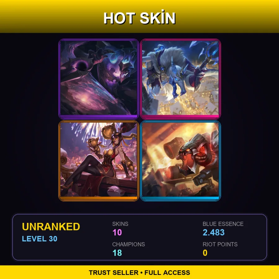 LAN | Dark Star Shaco | Ice King Twitch | Firecracker Vayne | Battlecast Prime Cho'Gath | 10 Skin | 18 Champ | Lv30