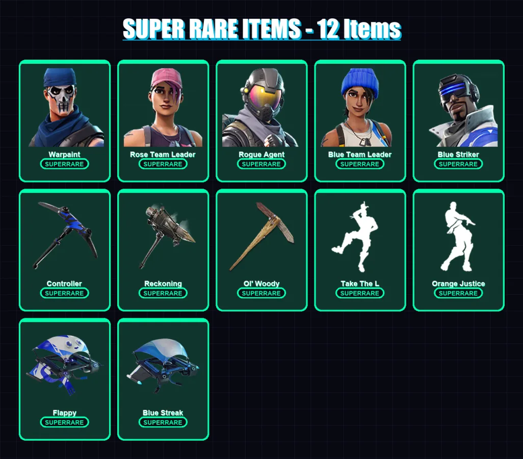 [PS4/PS5/XBOX/PC] | Warpaint | Rose Team Leader | Rogue Agent | Blue Team Leader | Blue Striker | 65 skin | 72 pickaxe | 68 emote | 66 glider | Lv72