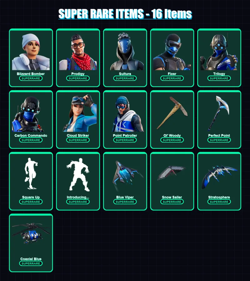 [PS4/PS5/XBOX/PC] | Blizzard Bomber | Prodigy | Sultura | Fixer | Trilogy | 23 skin | 30 pickaxe | 34 emote | 35 glider | Lv401