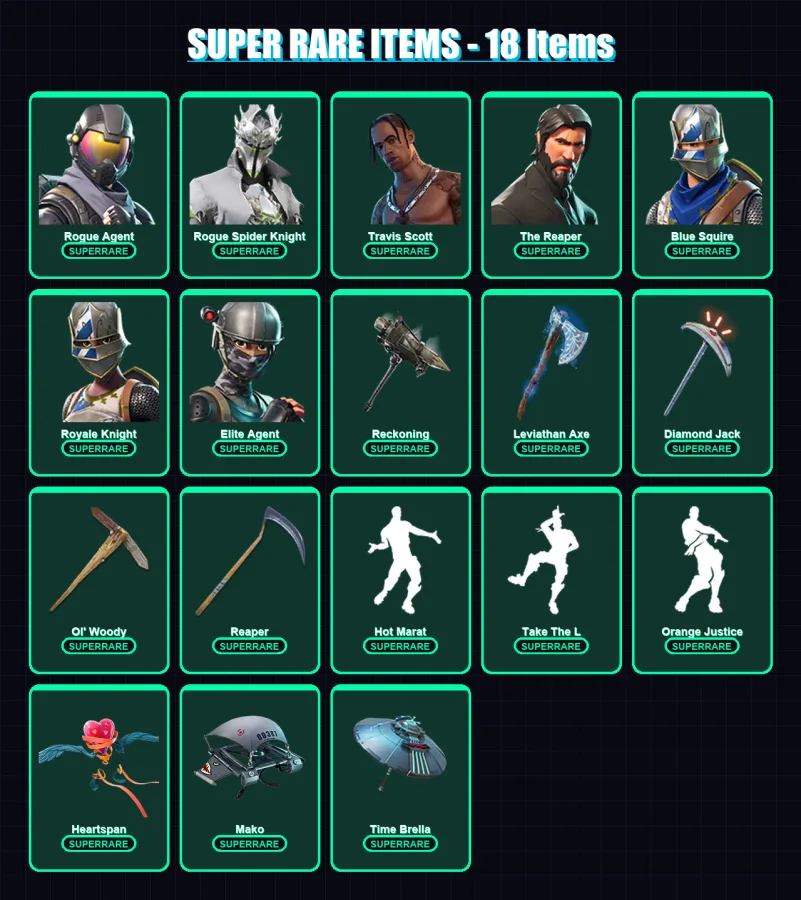 [PC/XBOX] | Rogue Agent | Rogue Spider Knight | Travis Scott | The Reaper | Blue Squire | 118 skin | 101 pickaxe | 103 emote | 98 glider | Lv1500
