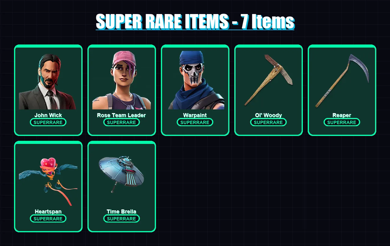 [PC/XBOX/PSN] | John Wick | Rose Team Leader | Warpaint | Spectra Knight | Midas | 98 skin | 106 pickaxe | 100 emote | 103 glider | Lv1257