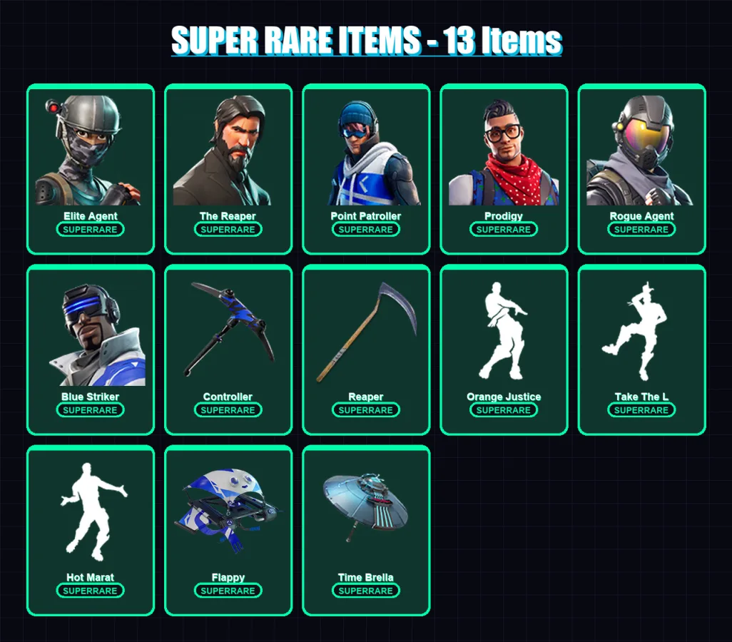 [PS4/PS5/XBOX/PC] | Elite Agent | The Reaper | Point Patroller | Prodigy | Rogue Agent | 54 skin | 60 pickaxe | 62 emote | 63 glider | Lv964
