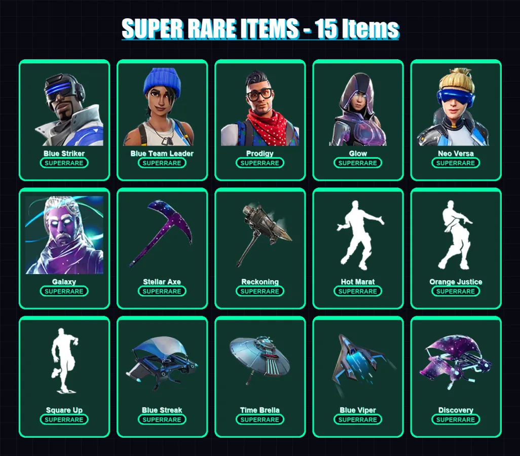 [PS4/PS5/PC] | Blue Striker | Blue Team Leader | Prodigy | Glow | Neo Versa | 41 skin | 55 pickaxe | 68 emote | 70 glider | Lv925