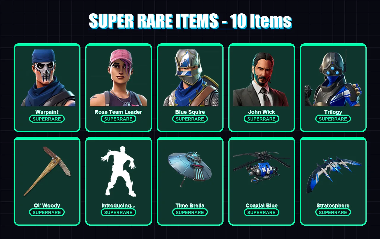 [PS4/PS5/XBOX/PC] | Warpaint | Rose Team Leader | Blue Squire | John Wick | Trilogy | 71 skin | 84 pickaxe | 78 emote | 51 glider | Lv499