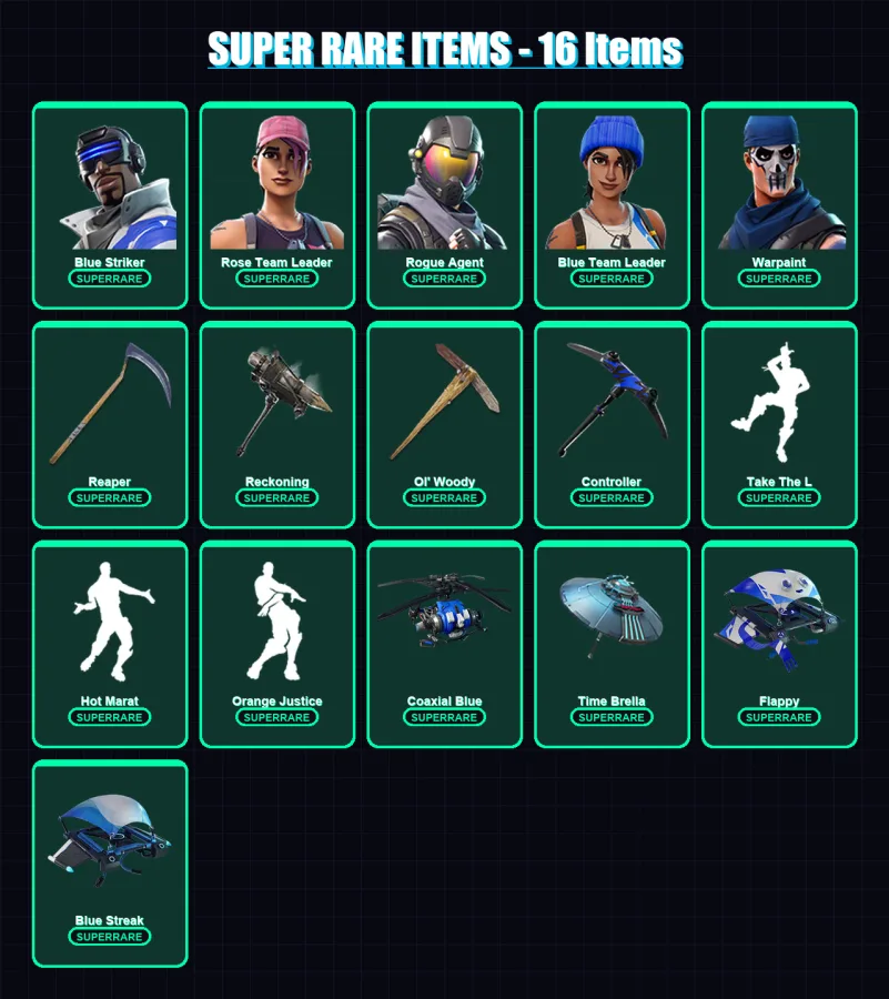 [PS4/PS5/XBOX/PC] | Blue Striker | Rose Team Leader | Rogue Agent | Blue Team Leader | Warpaint | 71 skin | 79 pickaxe | 92 emote | 91 glider | Lv12