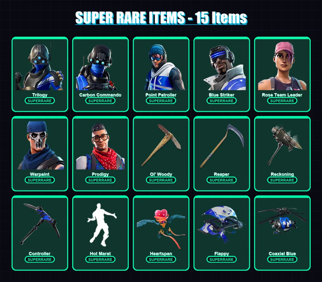 [PC/XBOX] | Trilogy | Carbon Commando | Point Patroller | Blue Striker | Rose Team Leader | 57 skin | 41 pickaxe | 54 emote | 43 glider | Lv494
