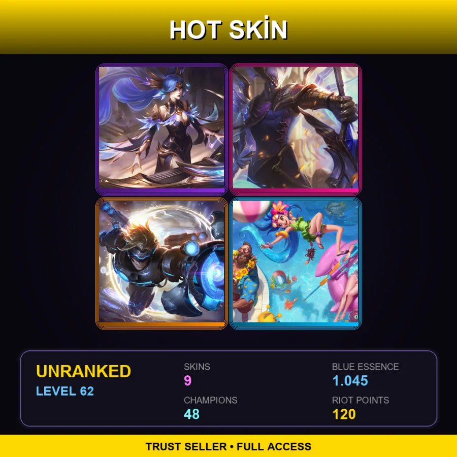 EUW | Lv62 | Unranked | 9 Skin | 48 Champ
