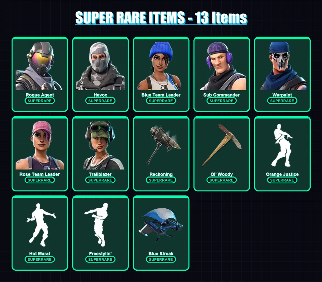 [PC/XBOX/PSN] | Rogue Agent | Havoc | Blue Team Leader | Sub Commander | Warpaint | 30 skin | 29 pickaxe | 25 emote | 30 glider | Lv172 — Fortnite account