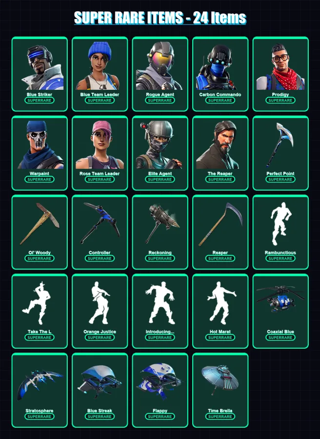 [PS4/PS5/XBOX/PC] | Blue Striker | Blue Team Leader | Rogue Agent | Carbon Commando | Prodigy | 102 skin | 93 pickaxe | 84 emote | 94 glider | Lv133