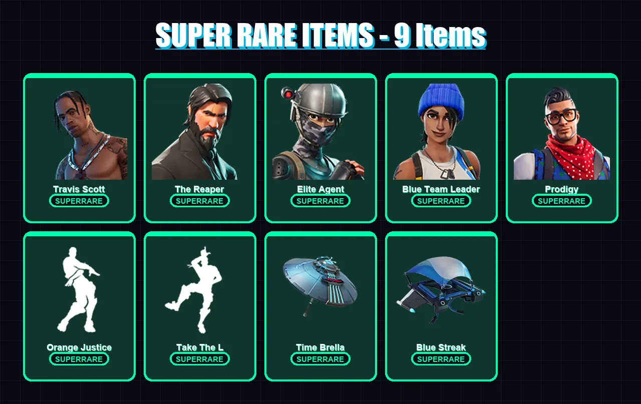 [PS4/PS5/XBOX/PC] | Travis Scott | The Reaper | Elite Agent | Blue Team Leader | Prodigy | 72 skin | 90 pickaxe | 78 emote | 101 glider | Lv1456