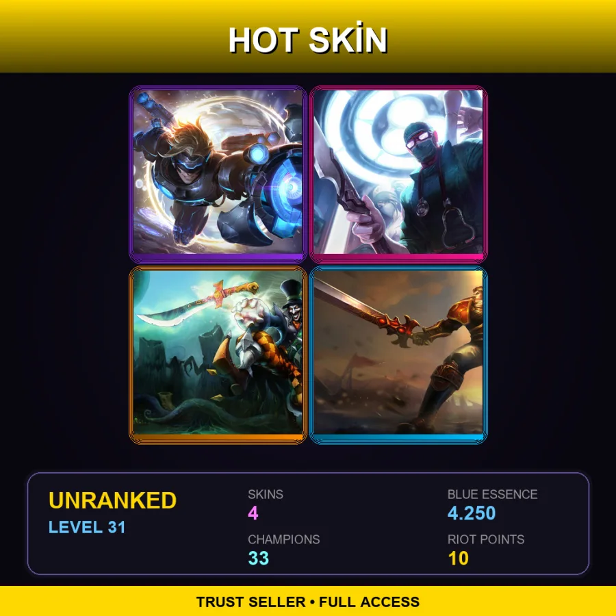 EUW | Lv31 | Unranked | 4 Skin | 33 Champ — LoL account