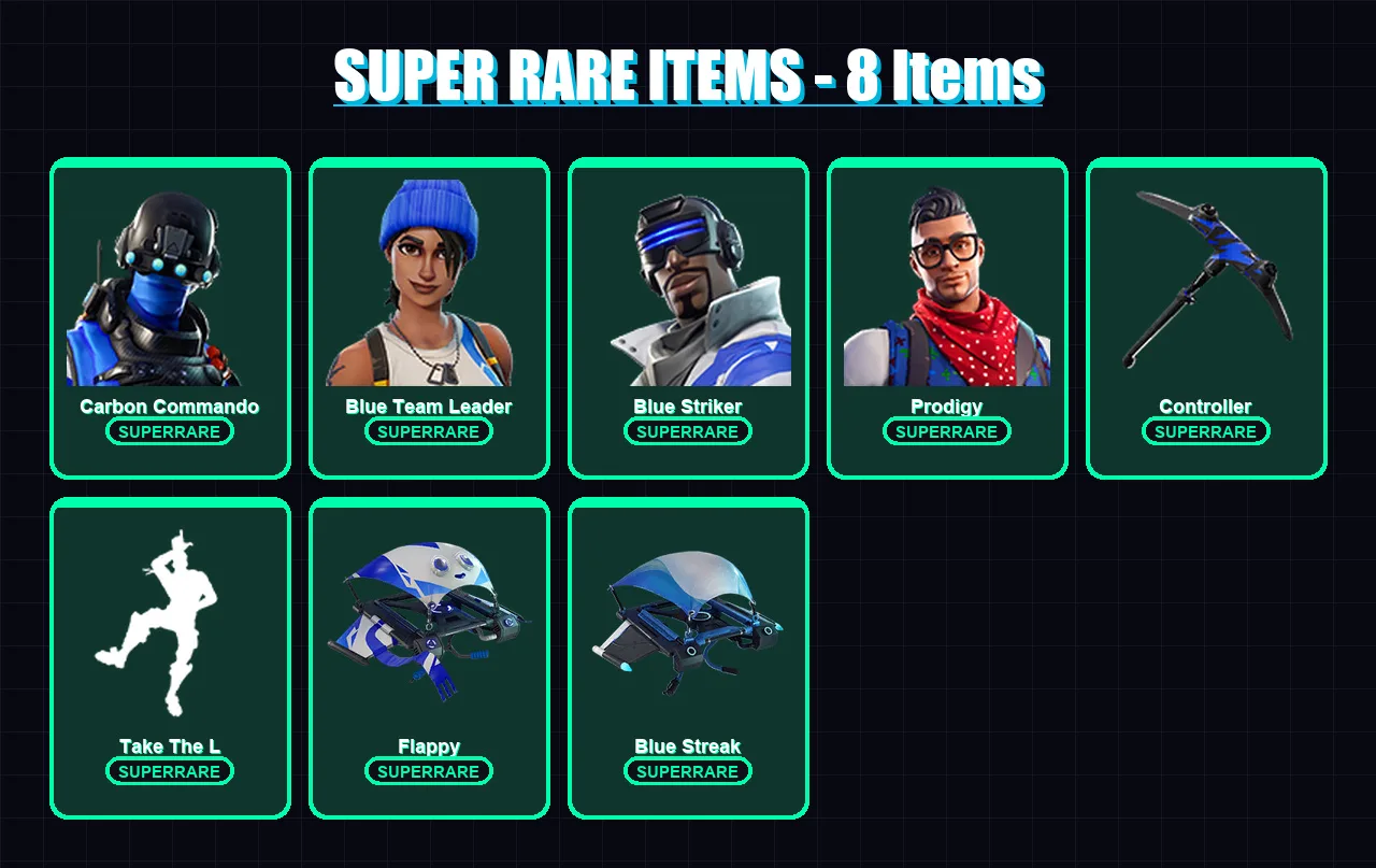 [PS4/PS5/XBOX/PC] | Carbon Commando | Blue Team Leader | Blue Striker | Prodigy | Carbide | 9 skin | 9 pickaxe | 6 emote | 11 glider | Lv143