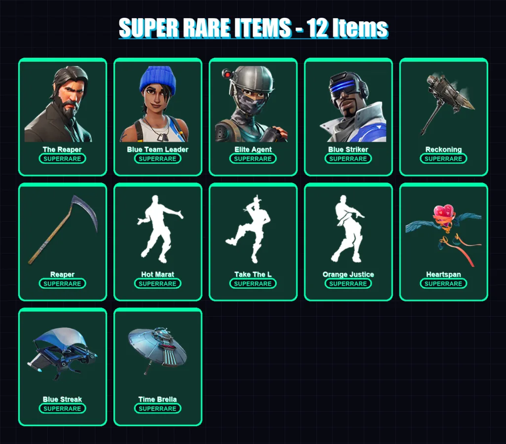 [PC] | The Reaper | Blue Team Leader | Elite Agent | Blue Striker | Valor | 82 skin | 65 pickaxe | 83 emote | 64 glider | Lv1070 — Fortnite account
