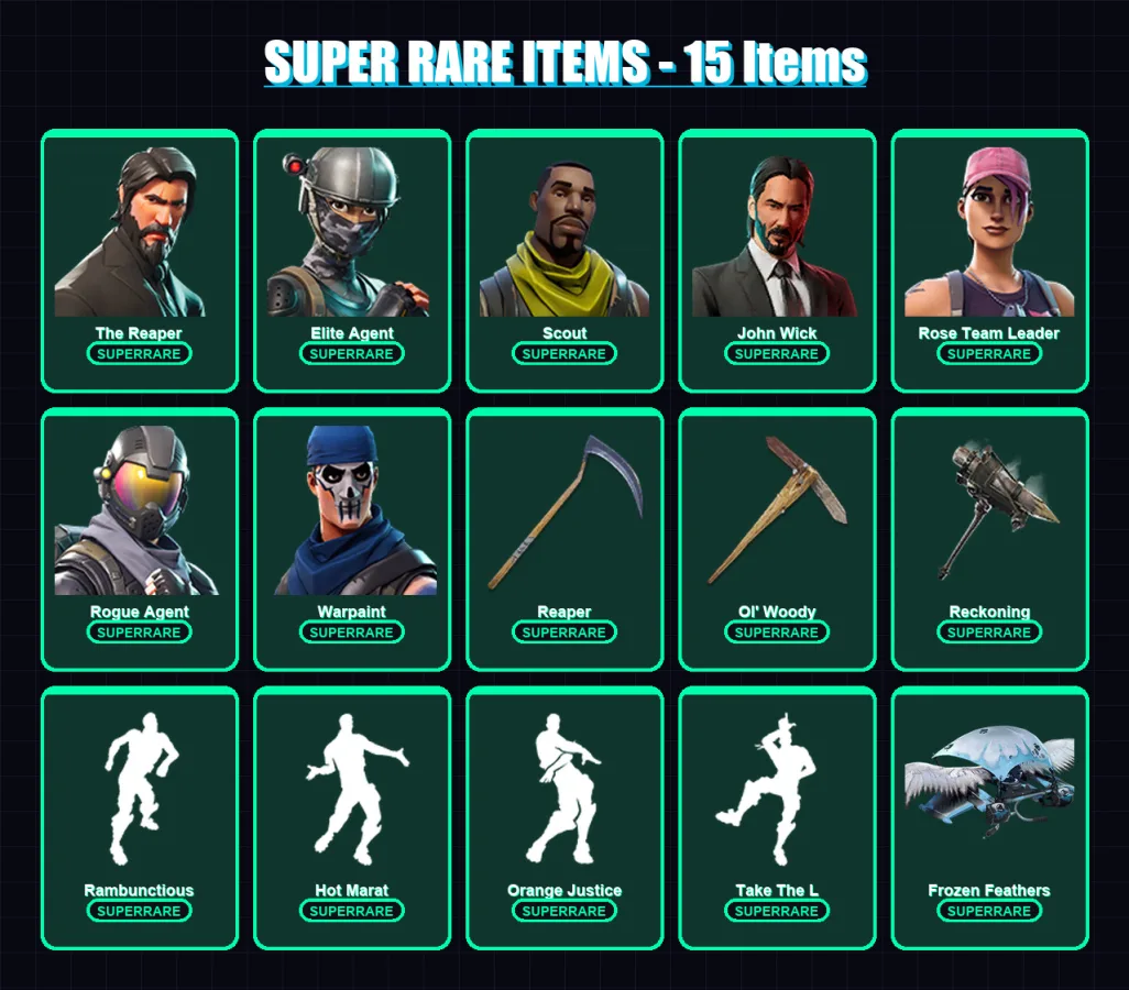 [PC/PSN] | The Reaper | Elite Agent | Scout | John Wick | Rose Team Leader | 107 skin | 78 pickaxe | 116 emote | 78 glider | Lv1019