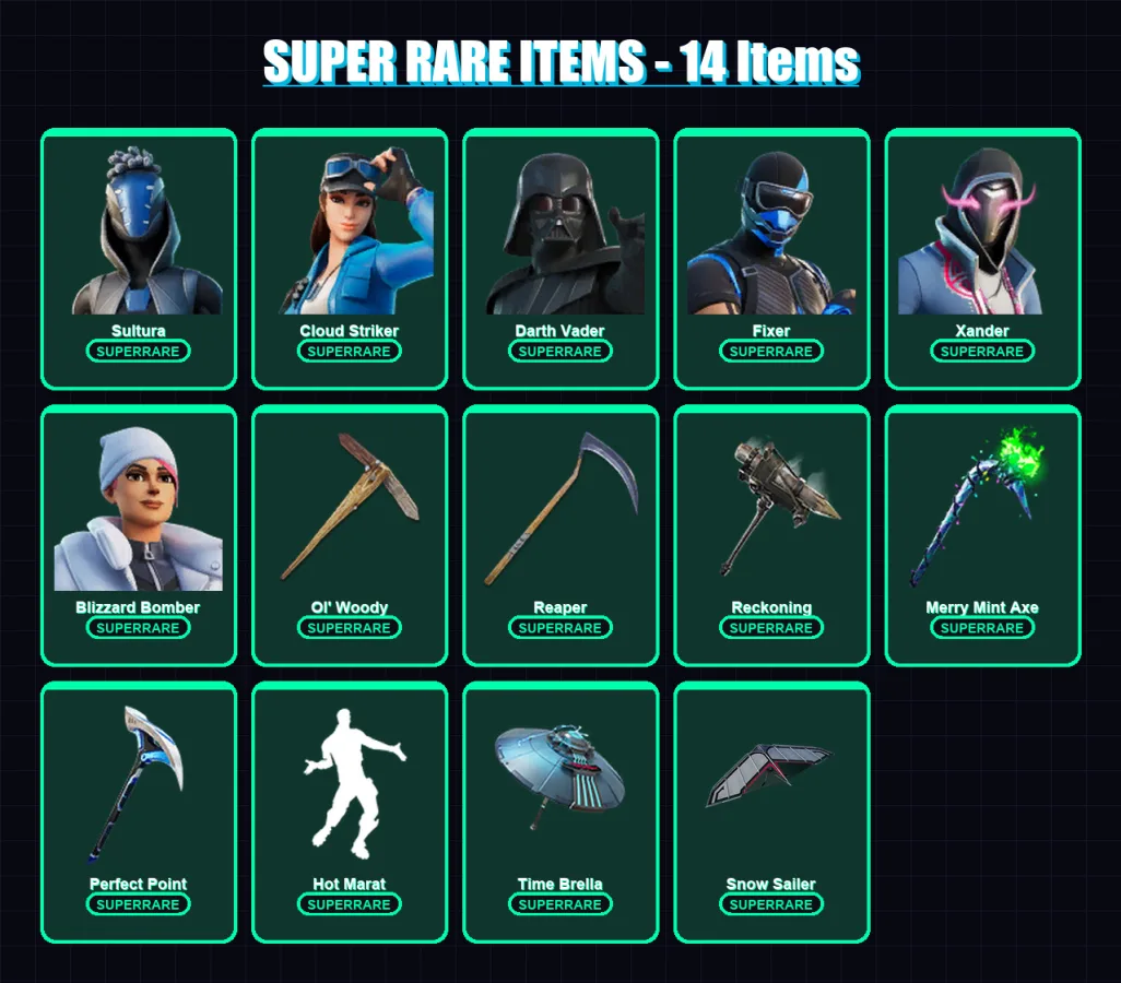 [PS4/PS5/XBOX/PC] | Sultura | Cloud Striker | Darth Vader | Fixer | Xander | 304 skin | 312 pickaxe | 261 emote | 224 glider | Lv3114