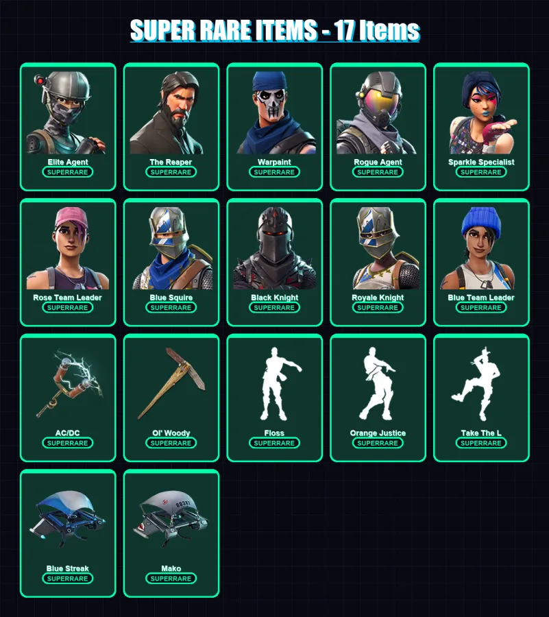 [PS4/PS5/XBOX/PC] | Elite Agent | The Reaper | Warpaint | Rogue Agent | Sparkle Specialist | 25 skin | 26 pickaxe | 25 emote | 25 glider | Lv316