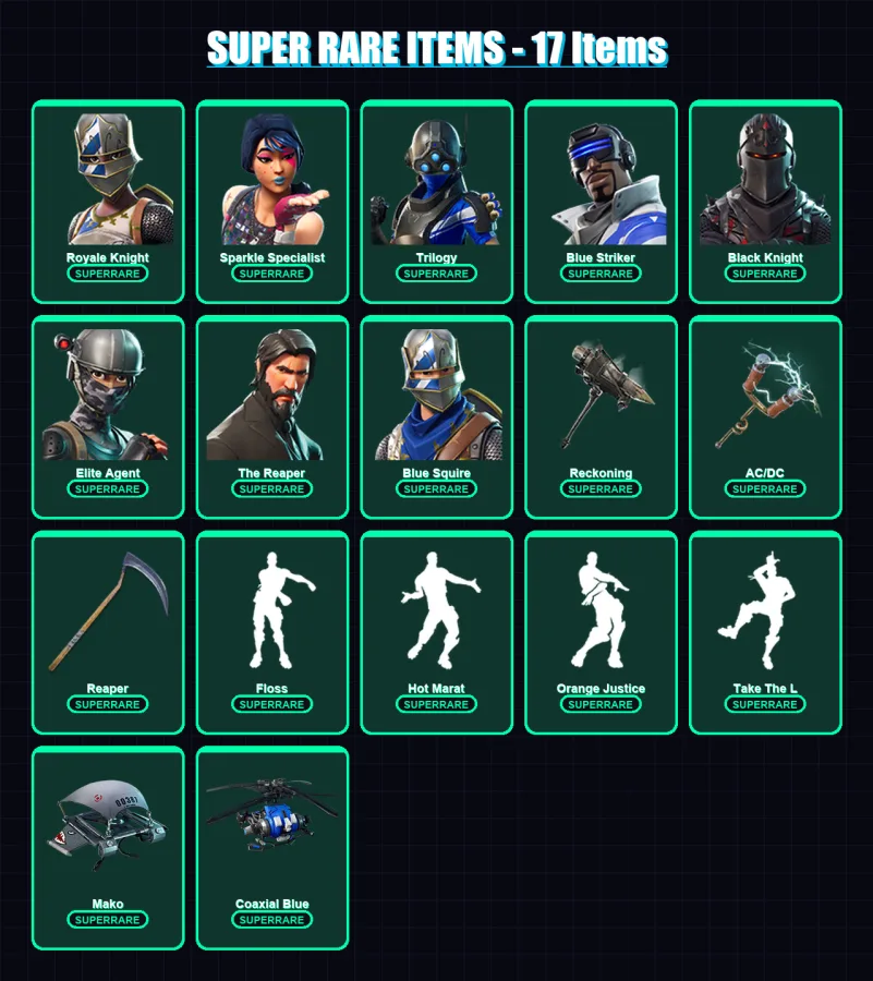 [PC/XBOX] | Royale Knight | Sparkle Specialist | Trilogy | Blue Striker | Black Knight | 60 skin | 68 pickaxe | 84 emote | 82 glider | Lv1181