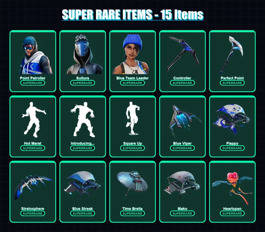 [PS4/PS5/XBOX/PC] | Point Patroller | Sultura | Blue Team Leader | Optimus Prime | Blackheart | 85 skin | 103 pickaxe | 86 emote | 114 glider | Lv14