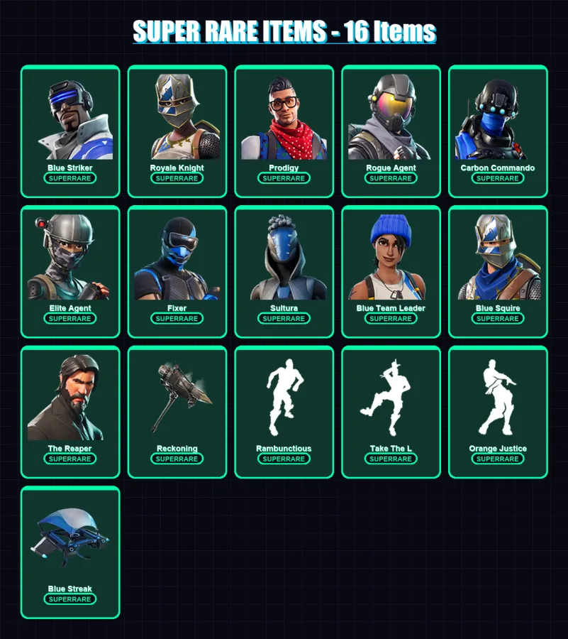 [PC] | Blue Striker | Royale Knight | Prodigy | Rogue Agent | Carbon Commando | 37 skin | 20 pickaxe | 28 emote | 25 glider | Lv338