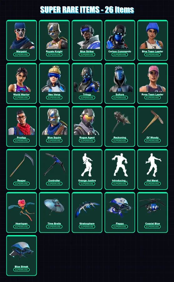 [PS4/PS5/XBOX/PC] | Warpaint | Royale Knight | Blue Striker | Carbon Commando | Blue Team Leader | 83 skin | 61 pickaxe | 76 emote | 73 glider | Lv8 — Fortnite account