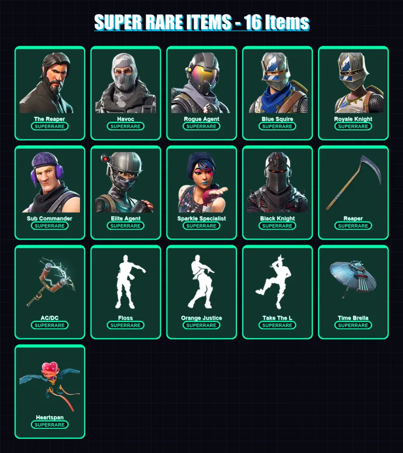 [PC/XBOX/PSN] | The Reaper | Havoc | Rogue Agent | Blue Squire | Royale Knight | 88 skin | 76 pickaxe | 81 emote | 67 glider | Lv1021