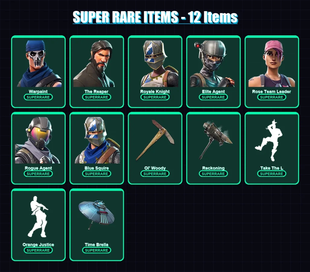 [PC] | Warpaint | The Reaper | Royale Knight | Elite Agent | Rose Team Leader | 186 skin | 150 pickaxe | 90 emote | 88 glider | Lv1180