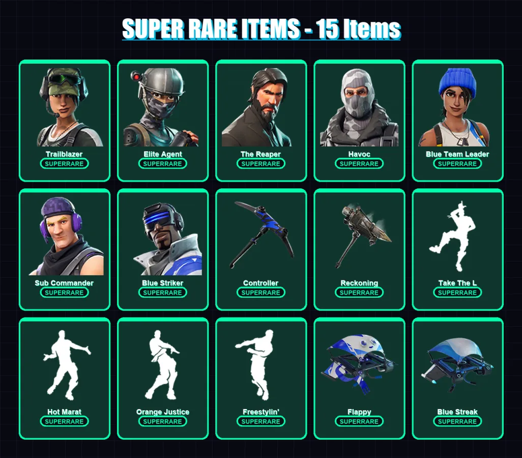 [PS4/PS5/XBOX/PC] | Trailblazer | Elite Agent | The Reaper | Havoc | Blue Team Leader | 45 skin | 37 pickaxe | 52 emote | 51 glider | Lv1163