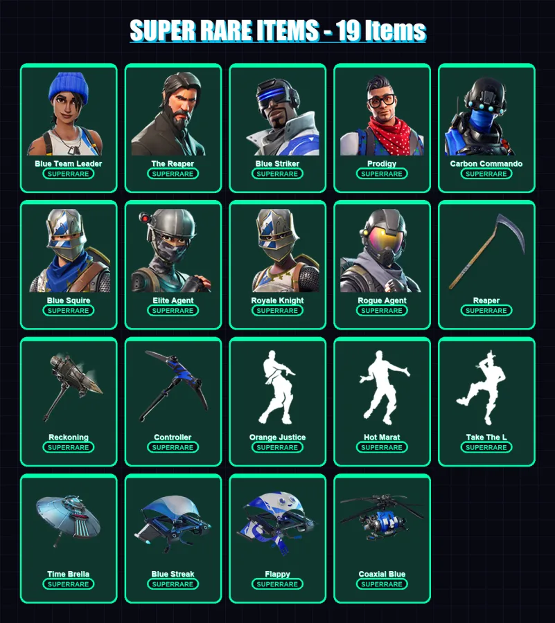 [PC/XBOX] | Blue Team Leader | The Reaper | Blue Striker | Prodigy | Carbon Commando | 47 skin | 47 pickaxe | 48 emote | 57 glider | Lv882