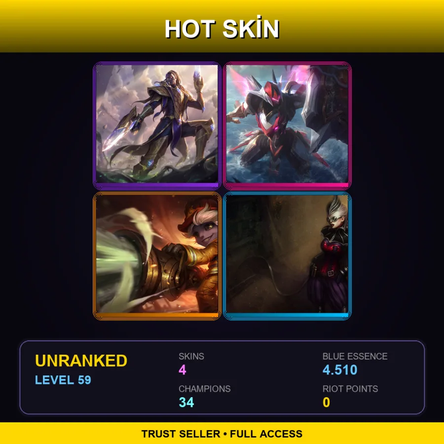EUW | Lv59 | Unranked | 4 Skin | 34 Champ — LoL account