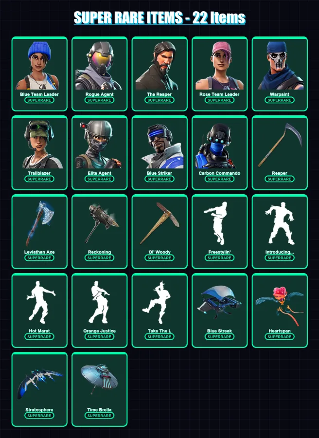 [PS4/PS5/XBOX/PC] | Blue Team Leader | Rogue Agent | The Reaper | Rose Team Leader | Warpaint | 84 skin | 71 pickaxe | 91 emote | 84 glider | Lv1211