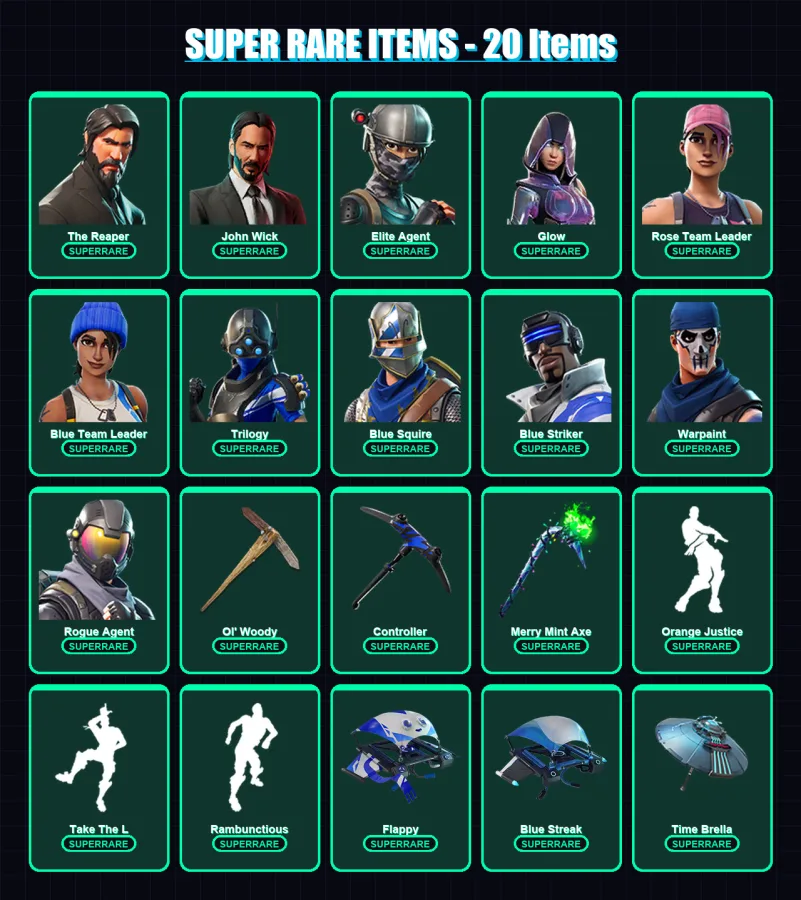 [PS4/PS5/XBOX/PC] | The Reaper | John Wick | Elite Agent | Glow | Rose Team Leader | 358 skin | 324 pickaxe | 299 emote | 215 glider | Lv3887