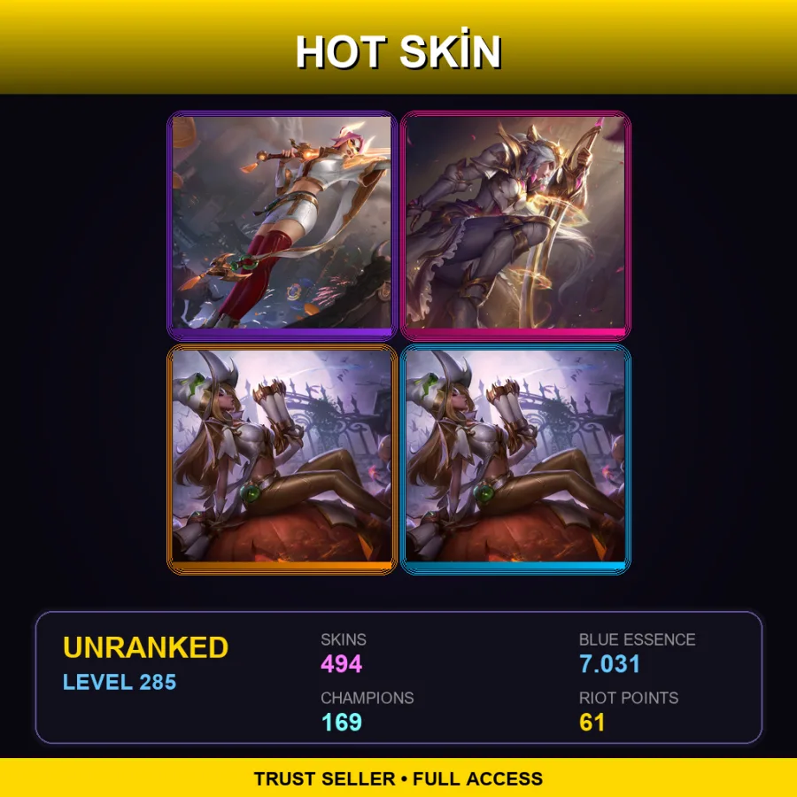 NA | Lv285 | Unranked | 494 Skin | 169 Champ — LoL account