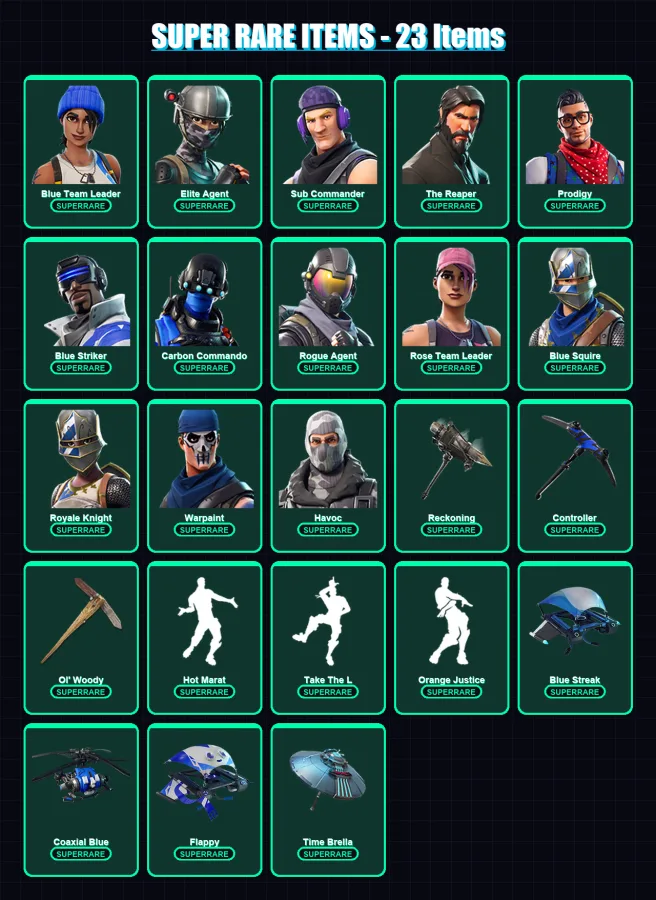 [PC/XBOX/PSN] | Blue Team Leader | Elite Agent | Sub Commander | The Reaper | Prodigy | 104 skin | 89 pickaxe | 91 emote | 87 glider | Lv1143